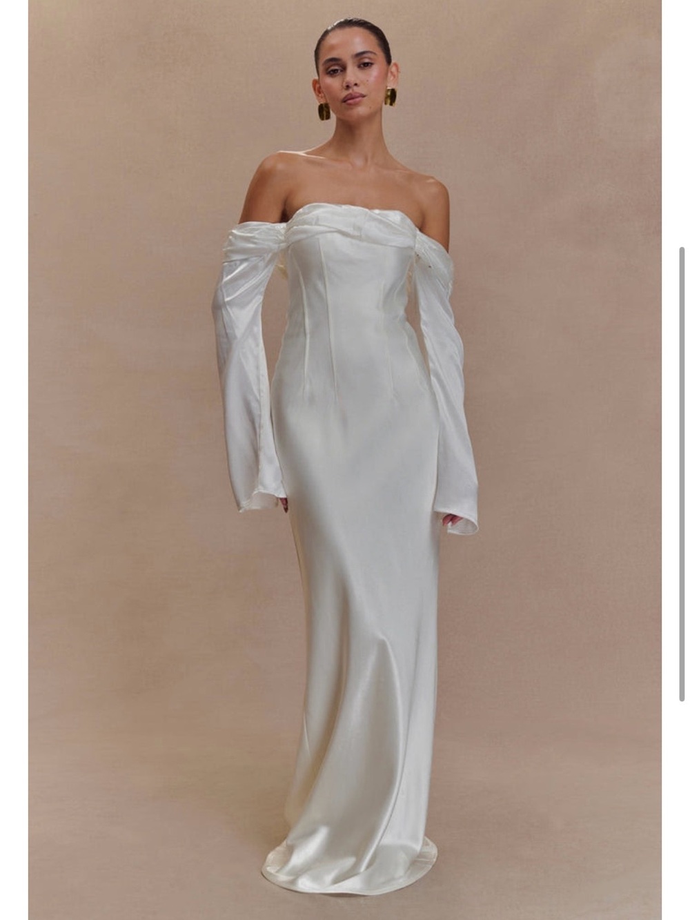 Meshki Ivory Off-Shoulder Satin Gown